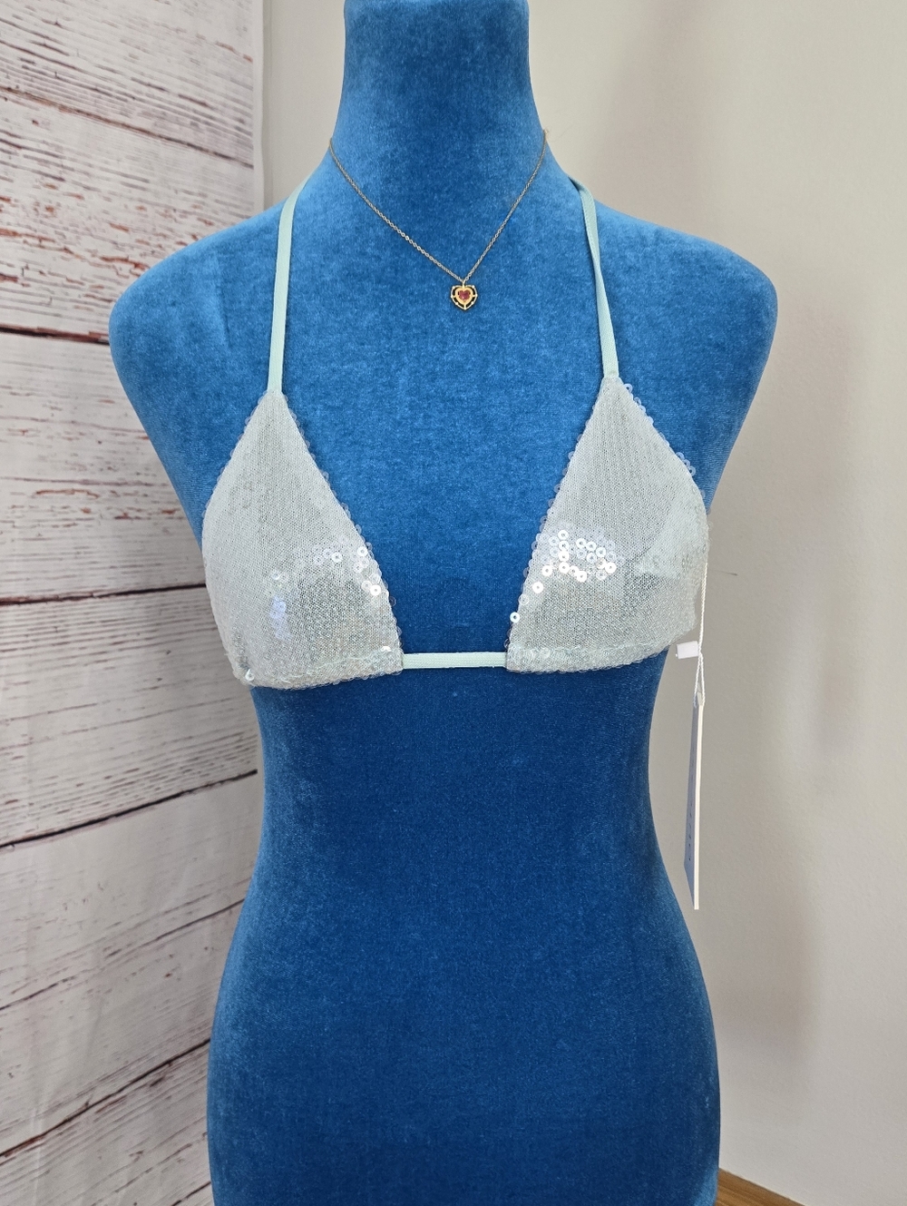 Outcast Sequin Bikini Top XS Teal Tie Back Festival Party NWT